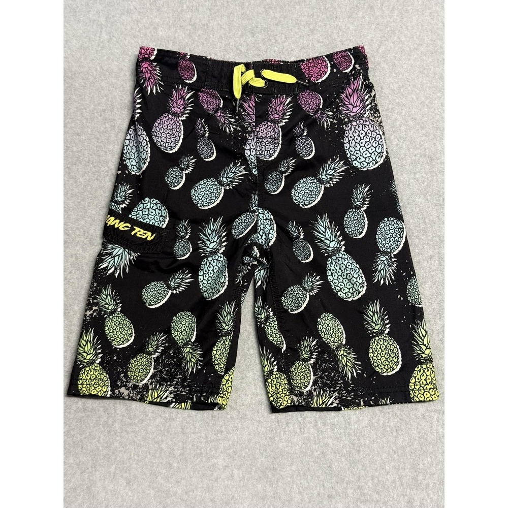 Hang Ten Swim Trunks Boys 14-16 Pineapple Print Black Elastic Waist Drawstring
